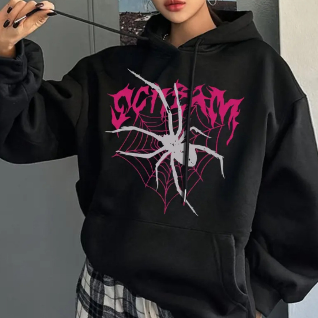 Moletom Canguru Moda Inverno Aranha Unissex Blusao Capuz Estiloso Desenho Feminino