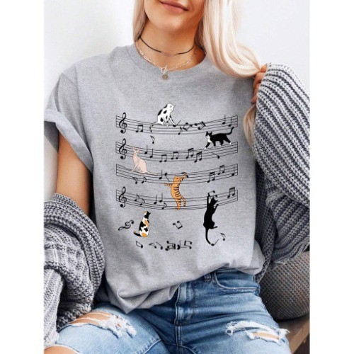Camiseta Estampada Gato e Música Divertido Camisa  Confortável Macia Moda Verão Lançamento 2026 em Oferta na Shopee