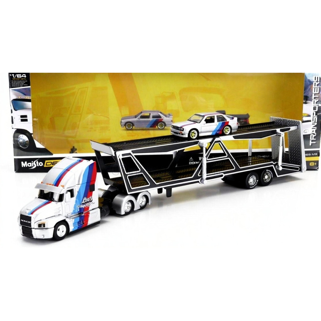 CAMINHÃO CEGONHA  -MACK ANTHEM E BMW 3 SERIES 3 (1998) - MAISTO - 1/64