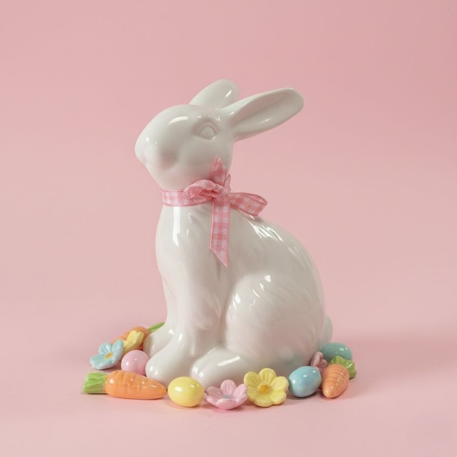 Enfeite Decorativo de Páscoa em Porcelana - Coelho Sentado com Laço - Rosa - 8x5x12cm - 1 unidade - Rizzo em Oferta na Shopee