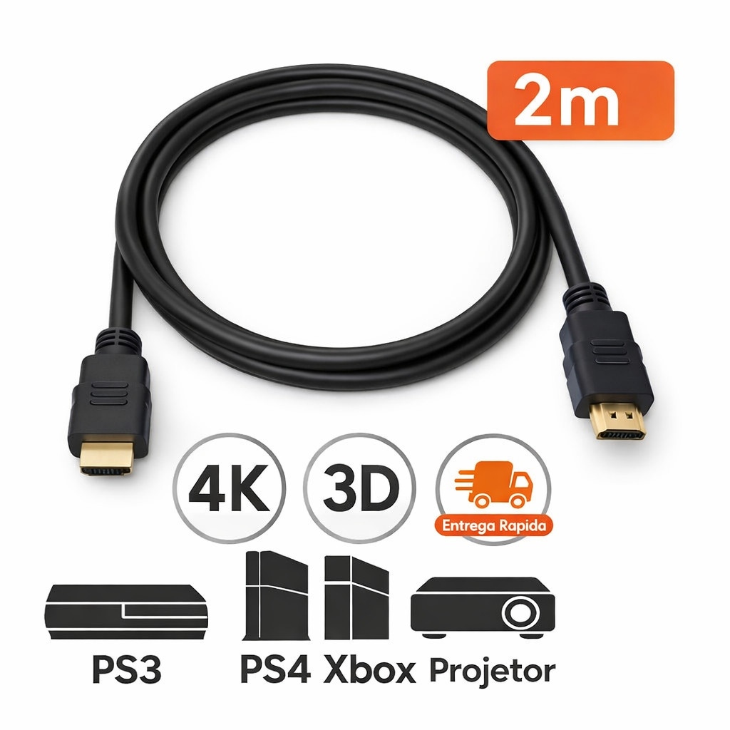 Cabo HDMI 2 Metros 2.0 Full HD 4K Preto Para TV, Projetor, Monitor imagem Kit ou
