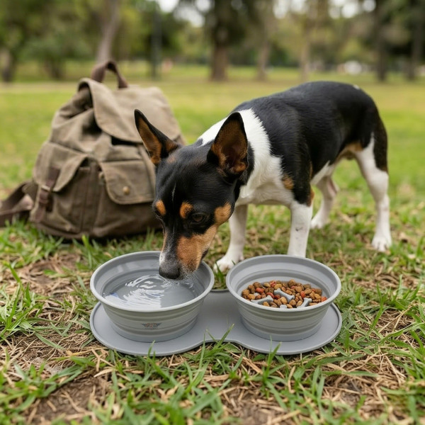 Comedouro Caes Duplo Portátil Anti-engasgo P/Viagem Fácil Limpeza Bebedouro Cachorro Retrátil