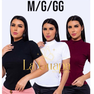 Kit 3 Blusa Canelada Gola Alta Manga Curta Moda Feminina em Oferta na Shopee