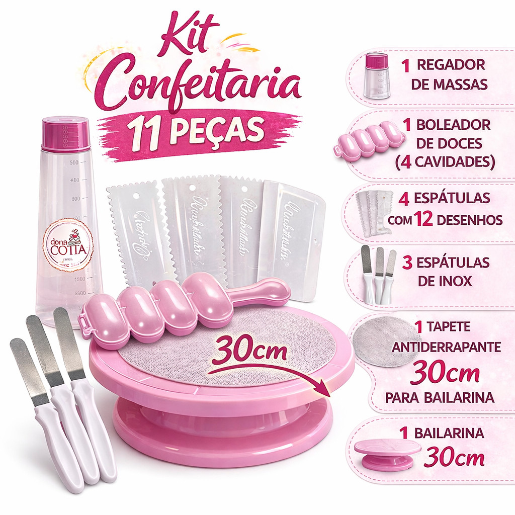 Kit Confeitaria 11 Pçs com Bailarina 30cm/28cm Espátulas Inox Boleador Regador Tapete Completo Bolo