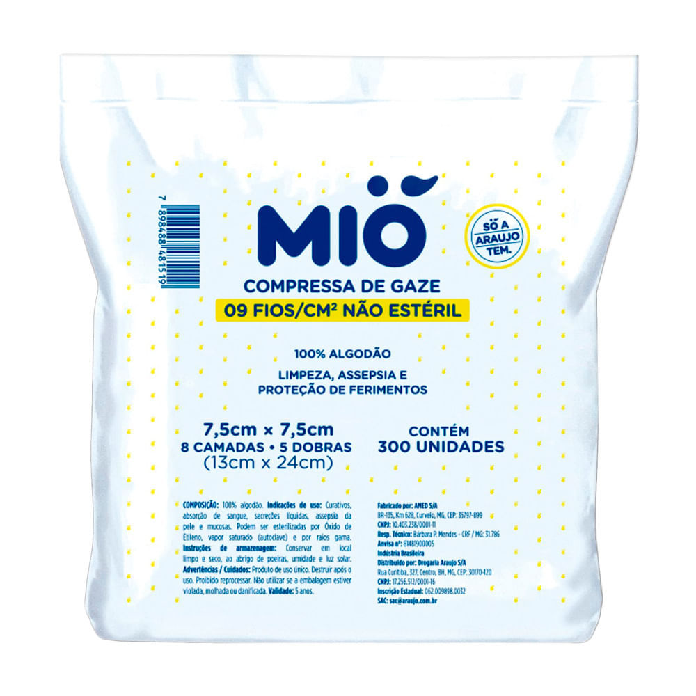 Compressa de Gaze Mió 9 Fios Não Estéril 7,5cm x 7,5cm com 300 Unidades em Oferta na Shopee