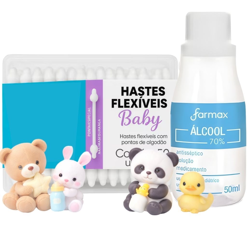 Kit Coto Umbilical Cotonete Hastes de Segurança Anti Germes + Alcool 70 Farmax Frasco Com 50ml