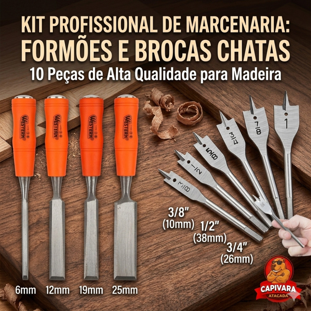 10 peças Profissional Kit Jogo Formão E Jogo De Brocas Chatas P/madeira Marceneiro
