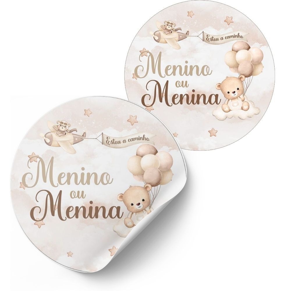 Adesivo Redondo 4cm chá revelação ursinho neutro luxo  decoração de Lembrancinha Festa Infantil  Papelaria Temática 1