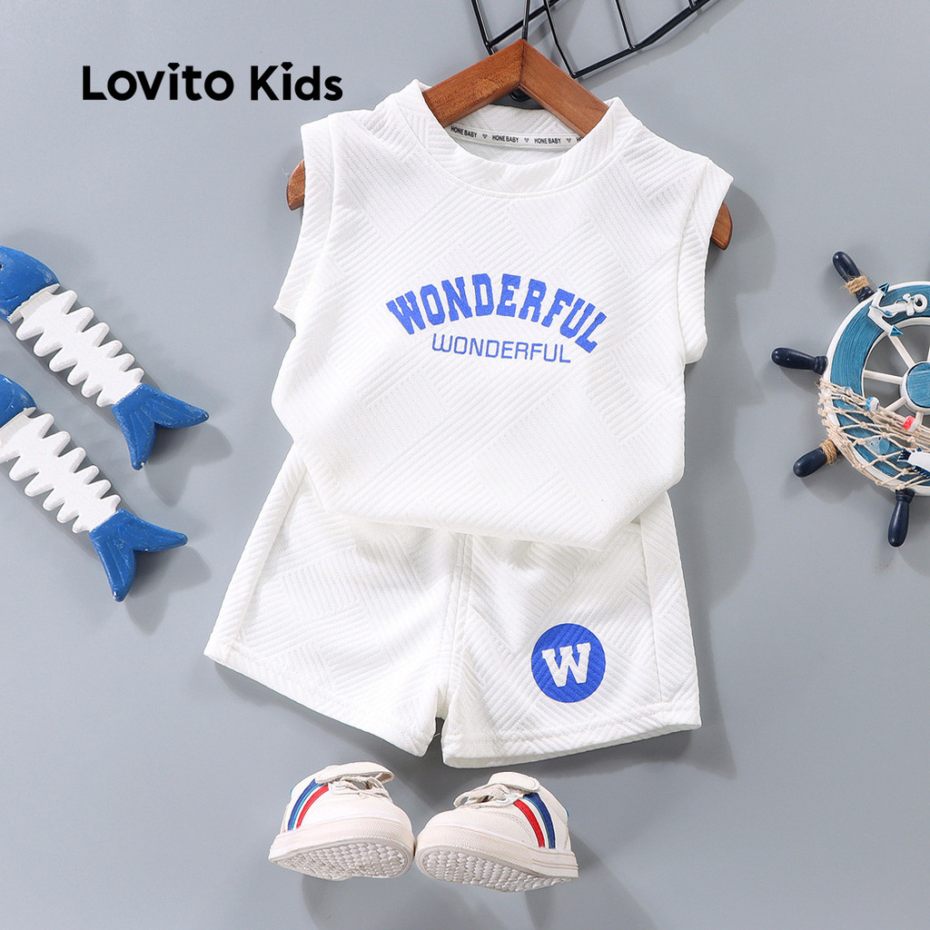 Lovito Kids Conjuntos Casuais de Bermuda Primavera/verão Conjuntos de Bermuda Brancos para meninos LNL123124