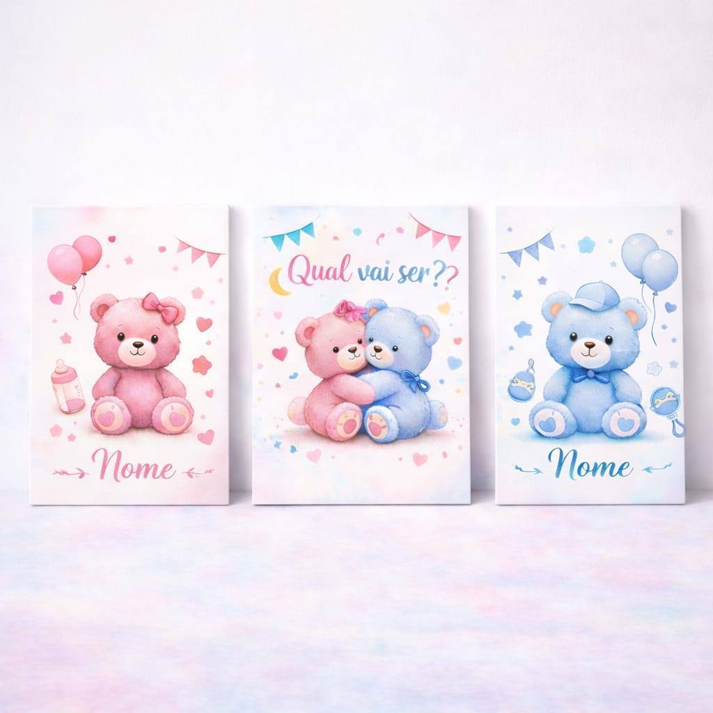 Quadro Decorativo Chá Revelação Menino ou Menina Ursinho Rosa Azul Festa Bebê 3pcs
