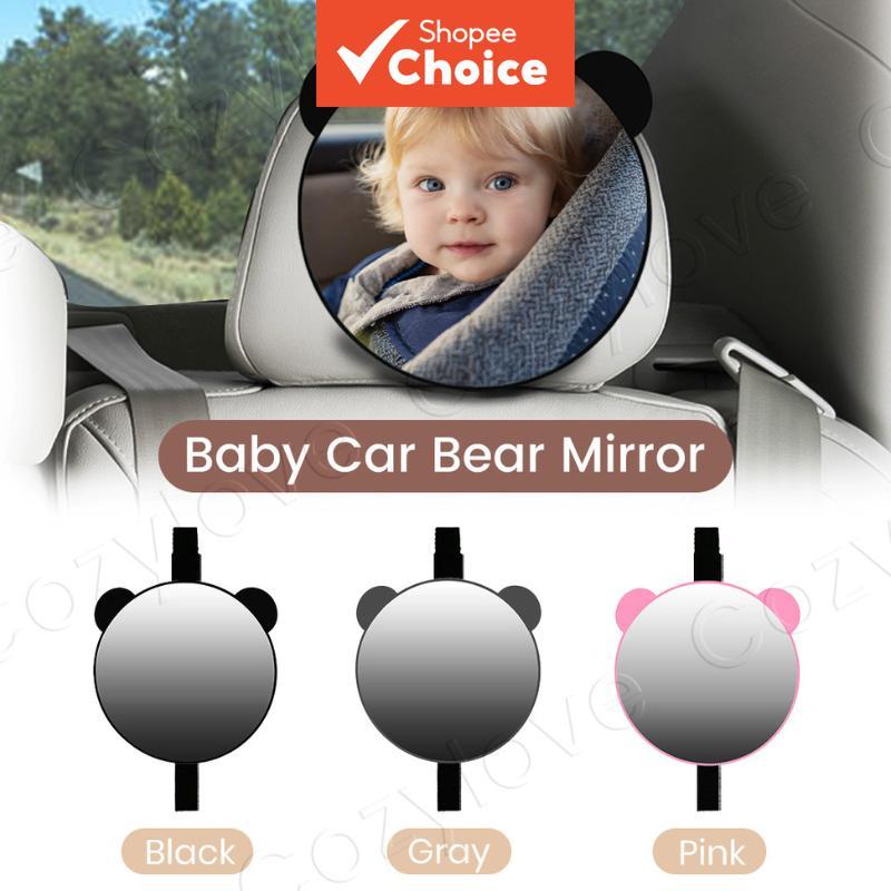  Forma Redonda Inquebrável Espelho de Segurança para Bebê com Orelhas de Urso e Desenho de Urso Cartoon para Bebê Virado