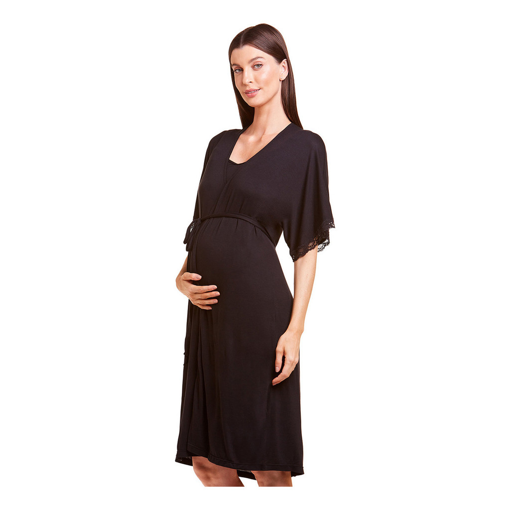 Robe Gestante Plié Viscose Comfy com Renda Manga Curta Macio para Maternidade Premium e Descanso