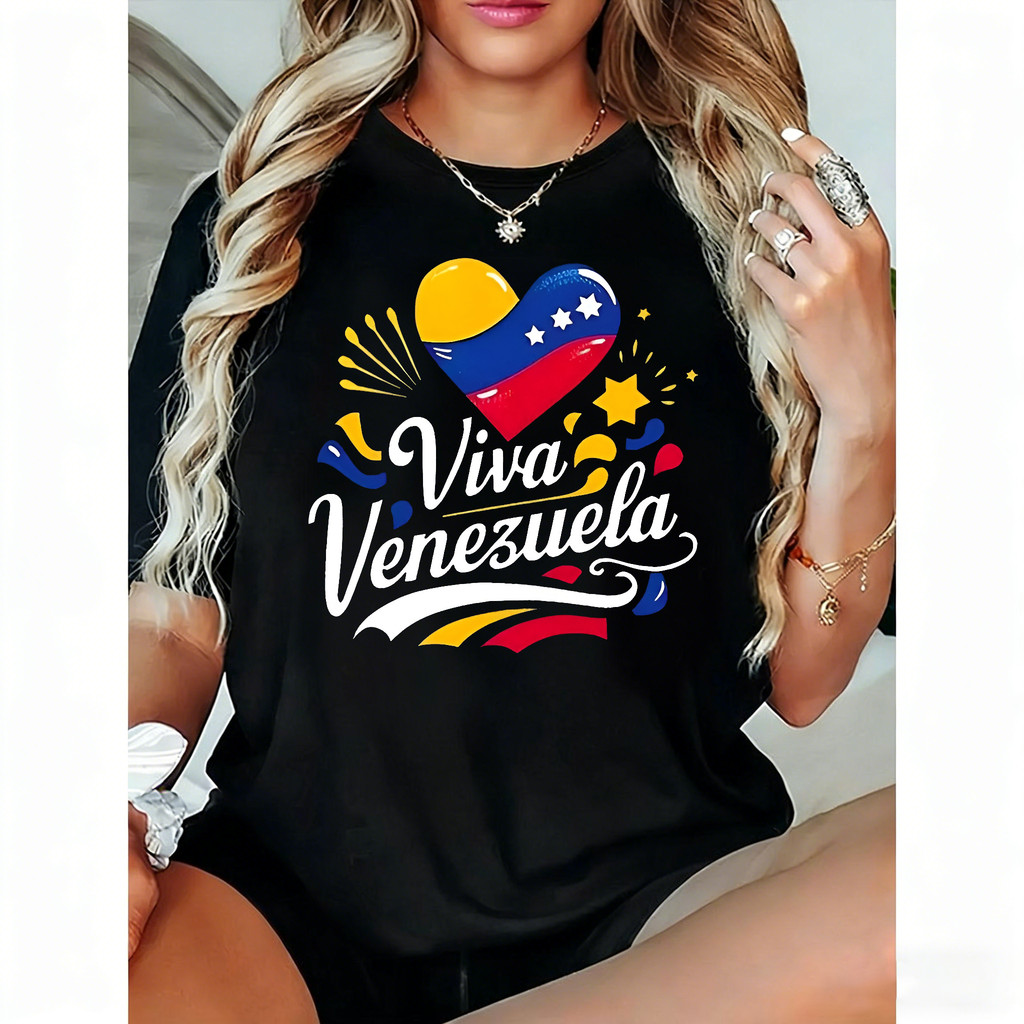 Camiseta Feminina Viva Venezuela Estampa com Bandeira e Estrelas Confortável Linda Moderna Moda Feminina