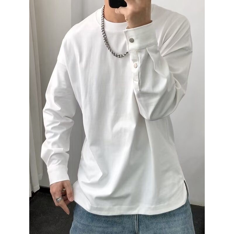 Primavera outono puro algodão cor sólida moletom masculino fino ajuste fenda interna de manga comprida camiseta pulôver 