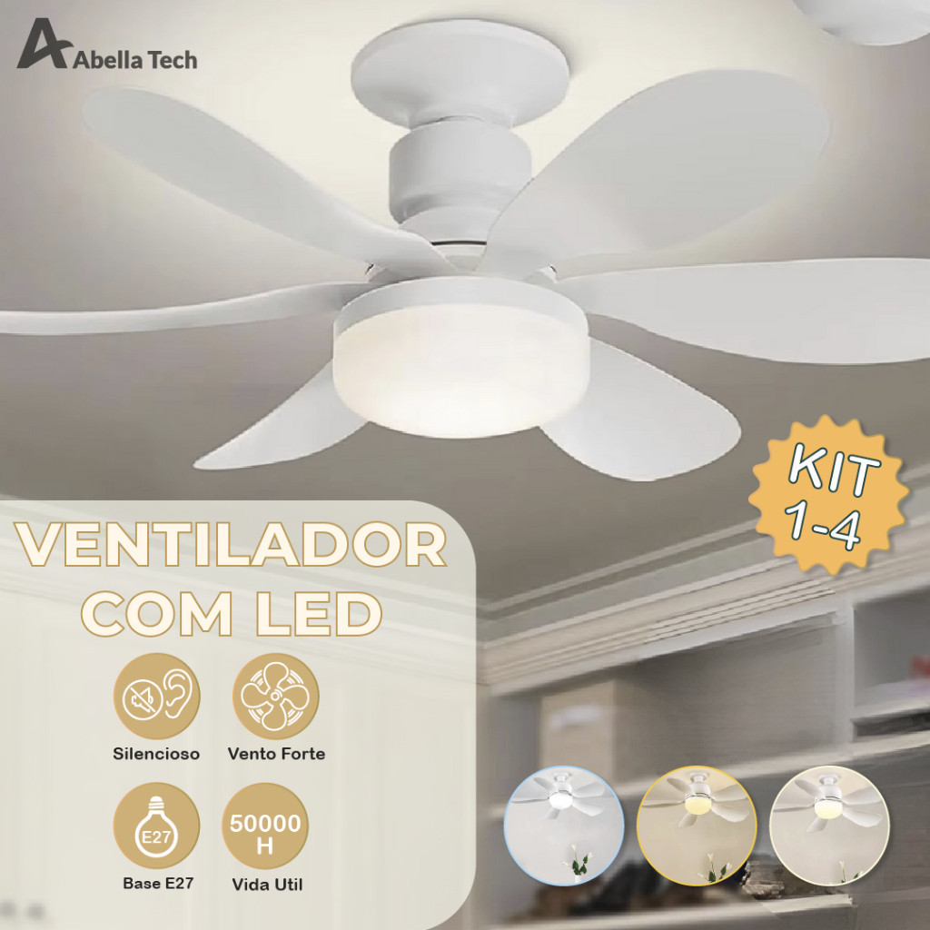 Ventilador de Teto PRO 60W Super LED Lâmpada E27 Controle Remoto Luminária Economica de Energia 6 lâminas Bivolt