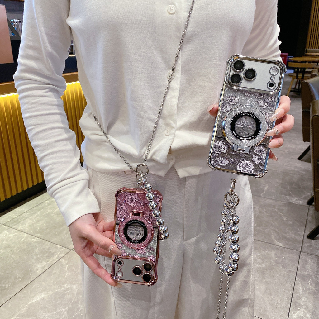 Suporte De Pétala De Glitter Gradiente E Pulseira De Pérola Em Forma De Coração Capa De Telefone Com Cordão Adequado Par