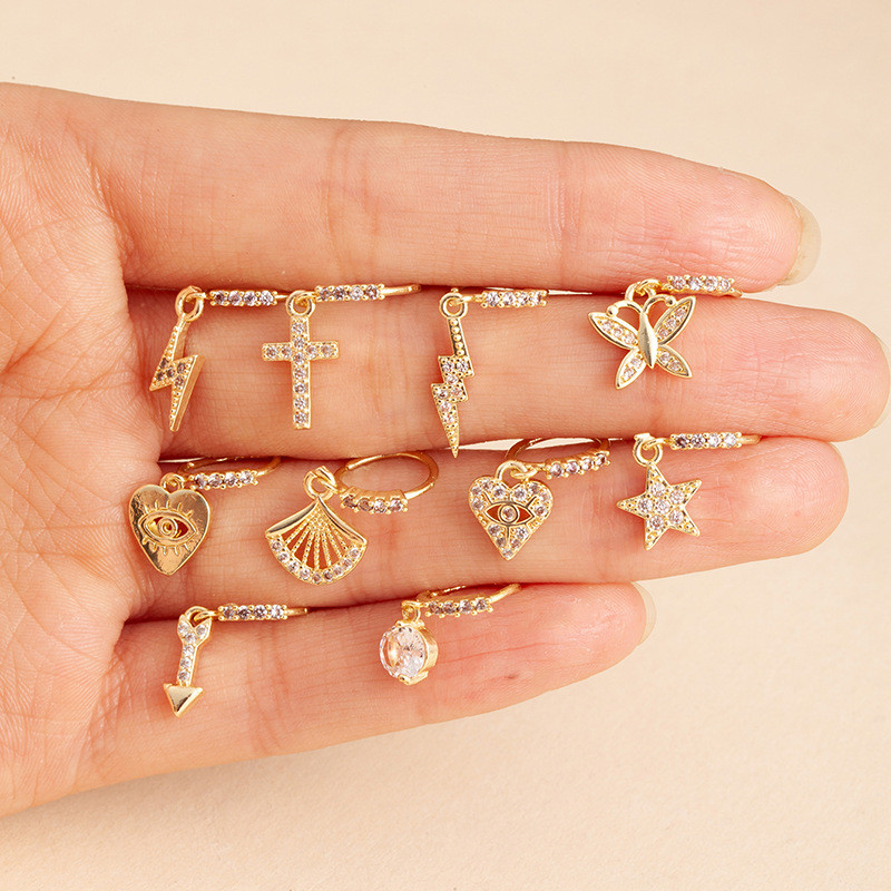Piercing de nariz de cobre com microincrustações de zircônia, mais vendido, com pingentes de borboleta, coração e cruz, 