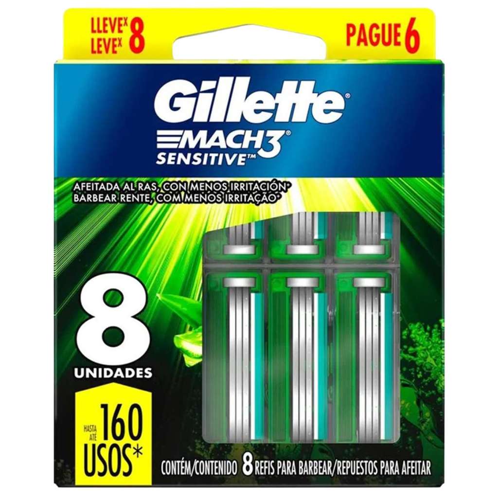 Refil Gillette Mach3 Sensitive 8 Lâminas Original Para Aparelho Mach3