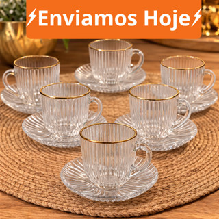 Jogo De Xicara De Luxo Vidro Com Borda Dourada + Pires Linha Hauskraft Premium 85ml em Oferta na Shopee