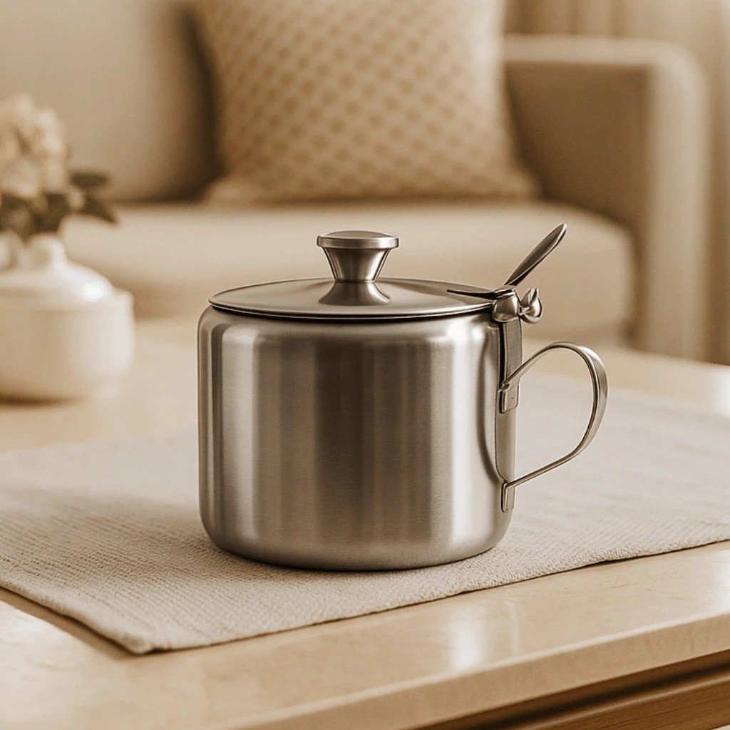 Açucareiro Inox com Colher Pote para Açúcar Café Tampa Recipiente Elegante Cozinha Restaurante achadinhos