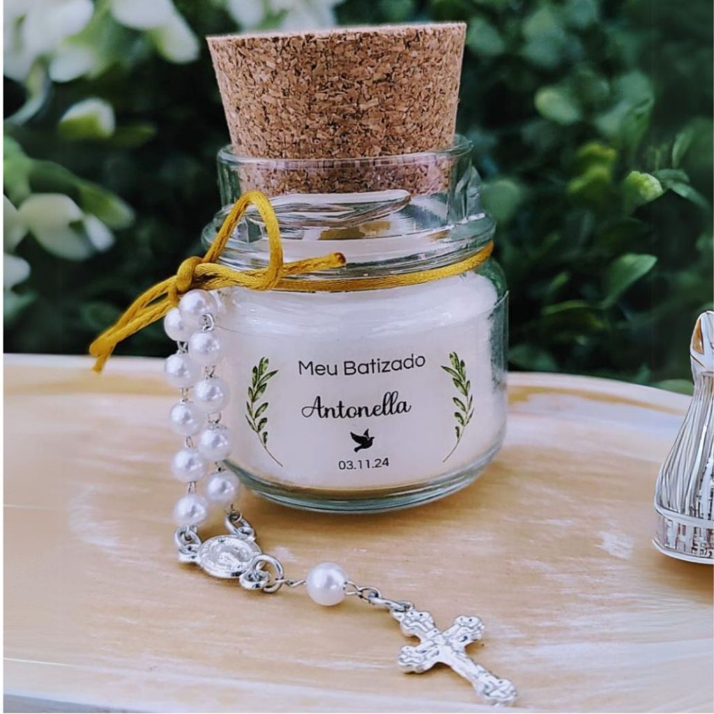 Kit 10  Velas Aromáticas Lembrancinha Primeira Eucaristia Pote Vidro com Mini Terço Batizado