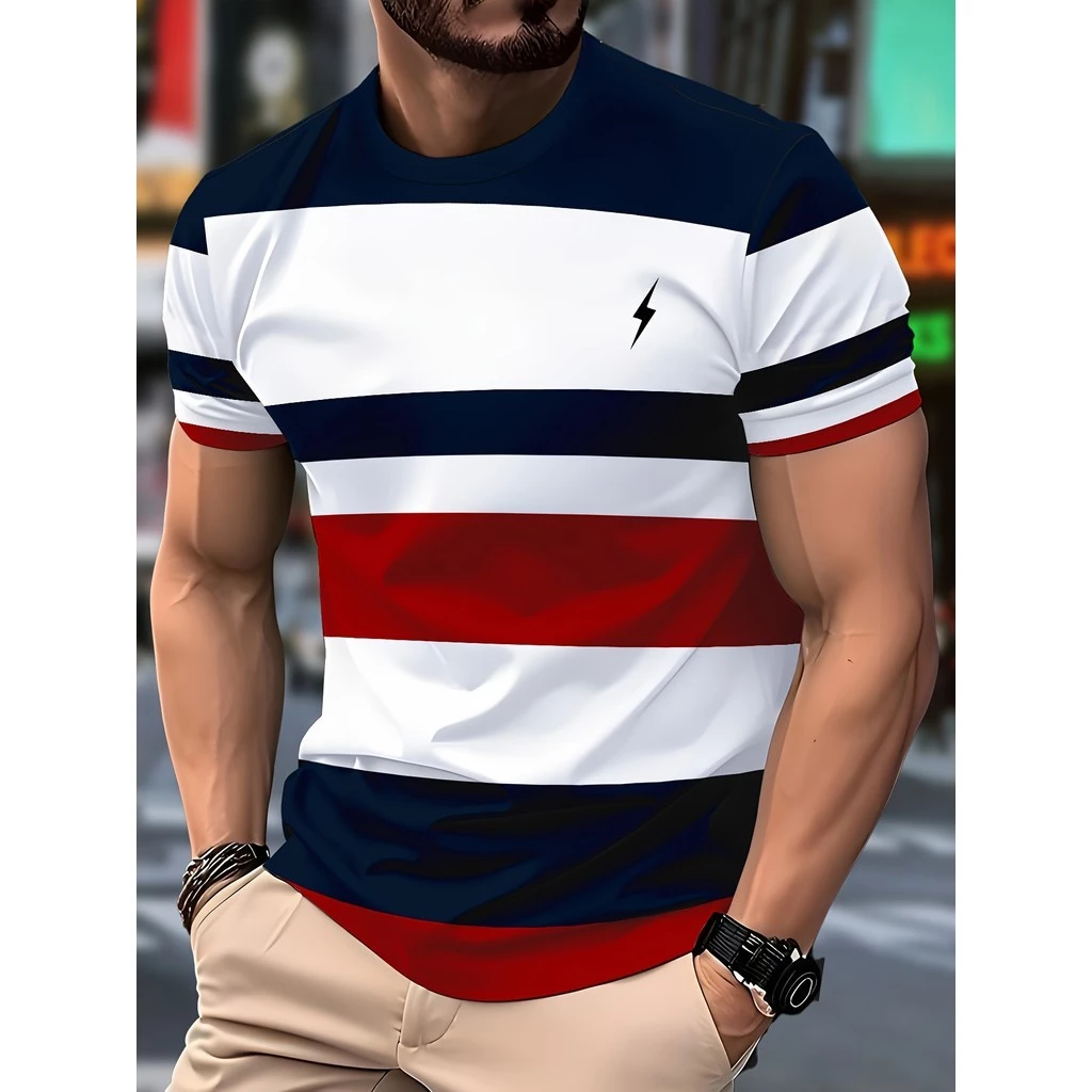 Camiseta Casual Masculina Com Gola Redonda 3D Romance Listrado Manga Curta Topo Relâmpago Logotipo Rua Harajuku Impressã — imagem 1