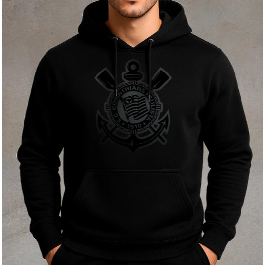 Moletom Corinthians Escudo Preto Blusa De Frio Timão Agasalho Canguru Com Capuz Premium