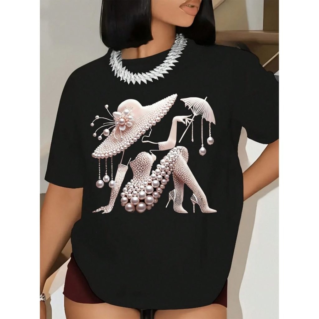 Camiseta Casual Feminina de Manga Curta - Estampa Geométrica Pérola, Top Solto e Respirável, Camiseta Rosa Suave com Gol