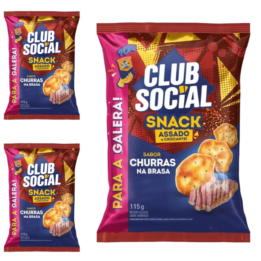 3 Pacotes Club Social Snack Churras Na Brasa 115g