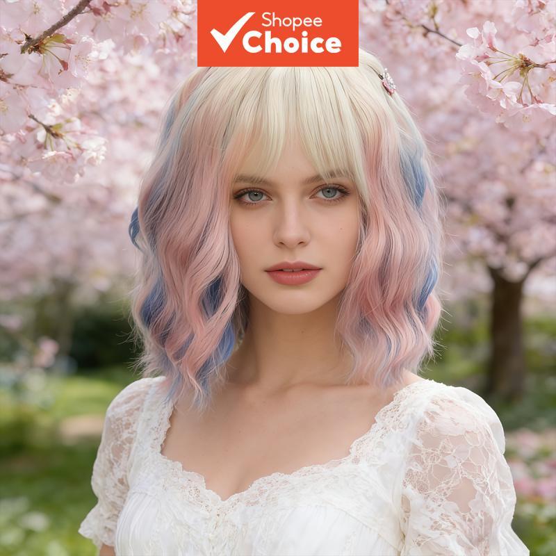 Peruca Curta Encaracolada Coreana Rosa Azul Gradiente Natural Ondulado Cosplay Cabelo Com 2 Clipes De Gota De Água Para 