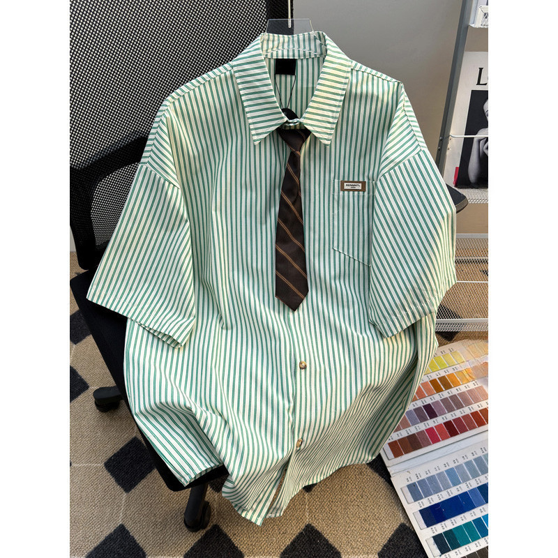 Camisa masculina listrada, estilo retrô japonês, tendência de verão, estilo preppy, camisa folgada para casal, camisa ca