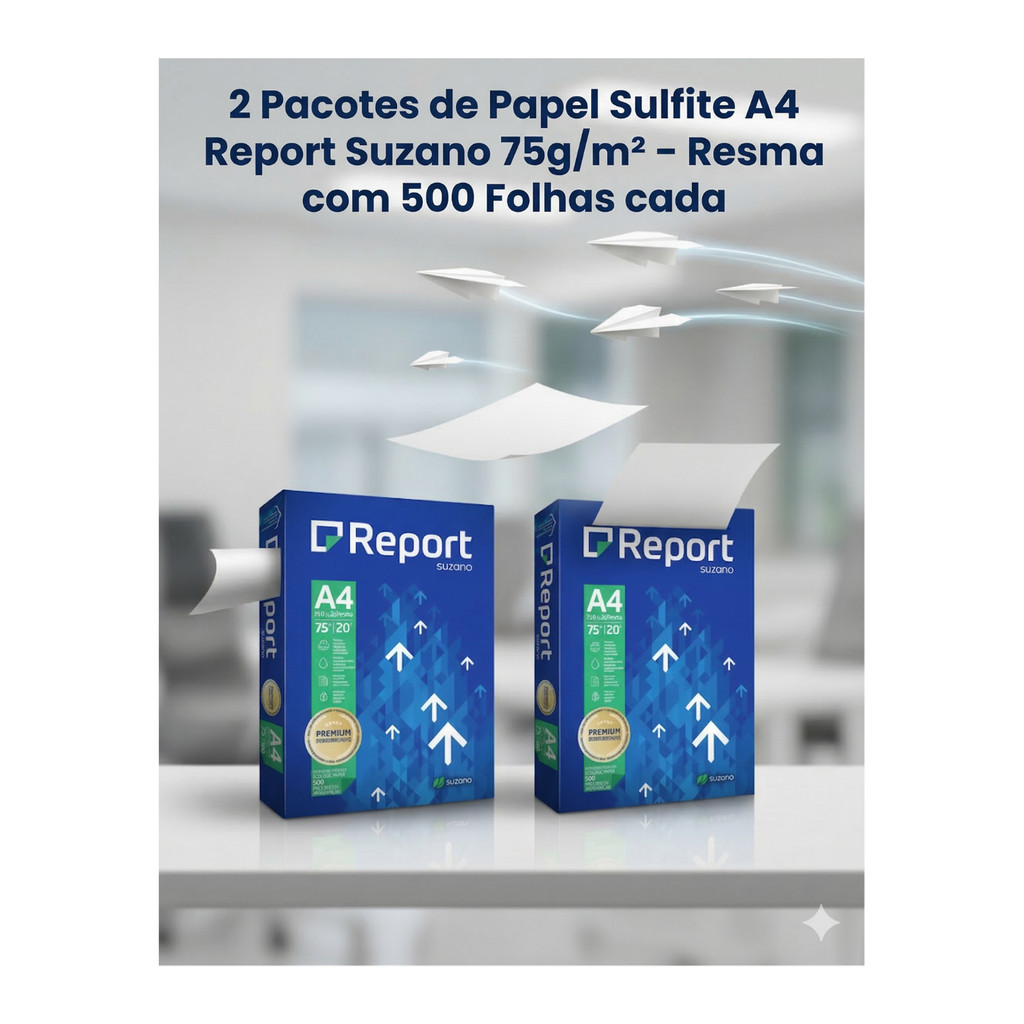 2 pacotes de Papel Sulfite A4 Report Suzano 75g/m² – Resma com 500 Folhas cada em Oferta na Shopee
