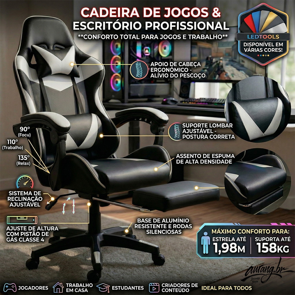 Cadeira Gamer Ergonômica Reclinável com Altura Ajustável para Escritório e Casa