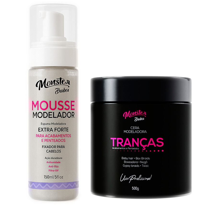 Kit cera Modeladora 500g + Mousse Modelador Monster barber Hair Tranças Cachos e Penteados 150ml