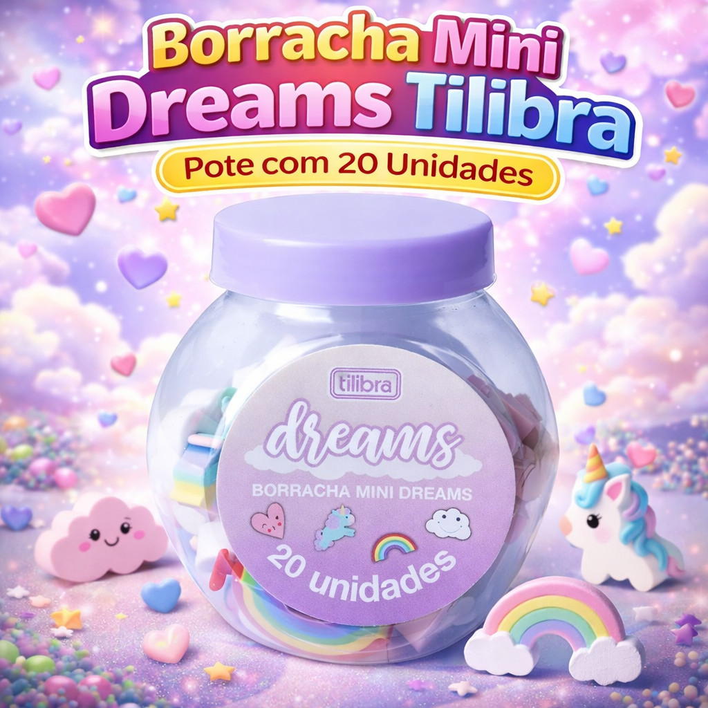 Borracha Mini Dreams Tilibra Pote com 20 Unidades Escolar Macia Não Mancha Papel Apagar Lápis Infantil Colorida