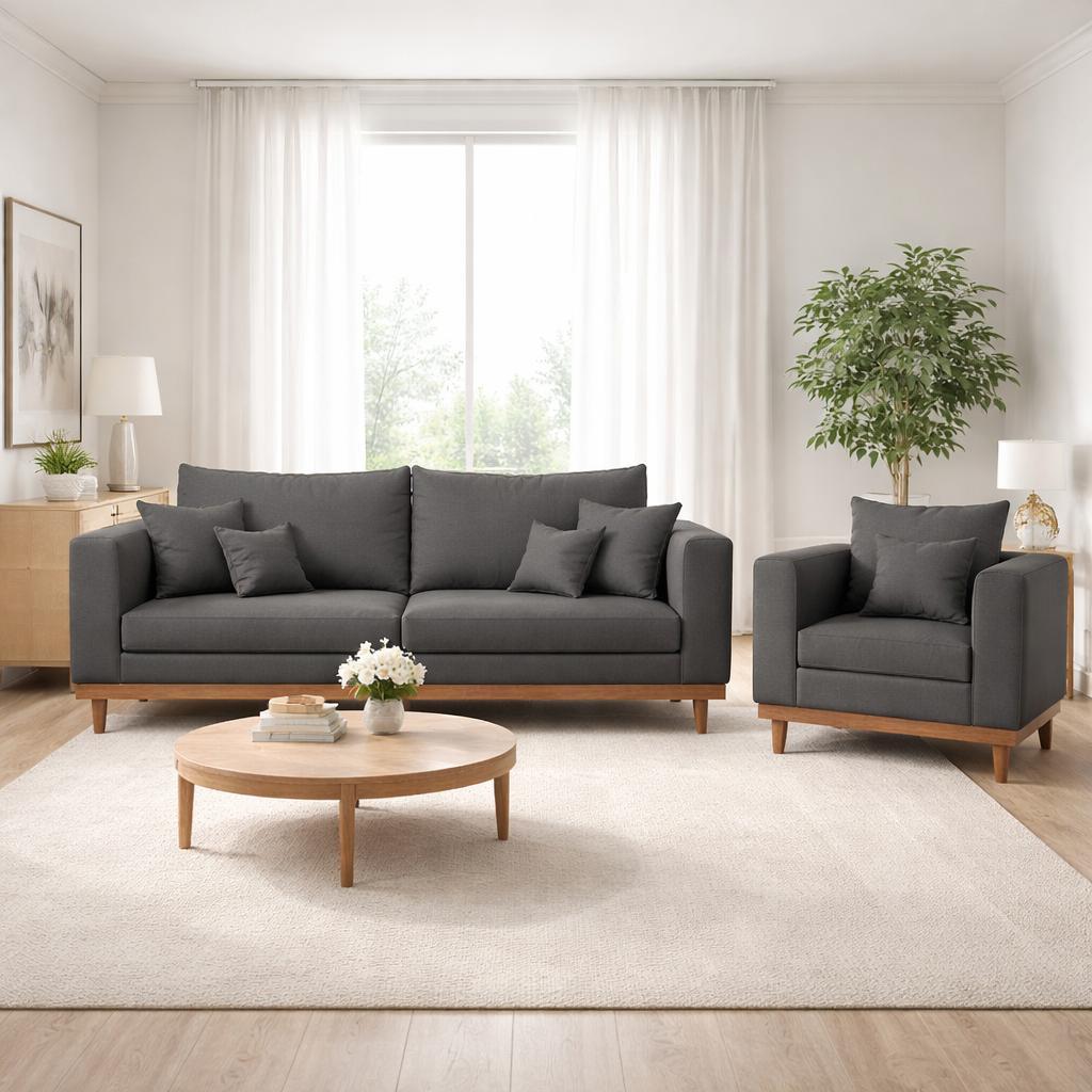 Kit Poltrona Living + Sofá 3 Lugares com Base Madeira Suede