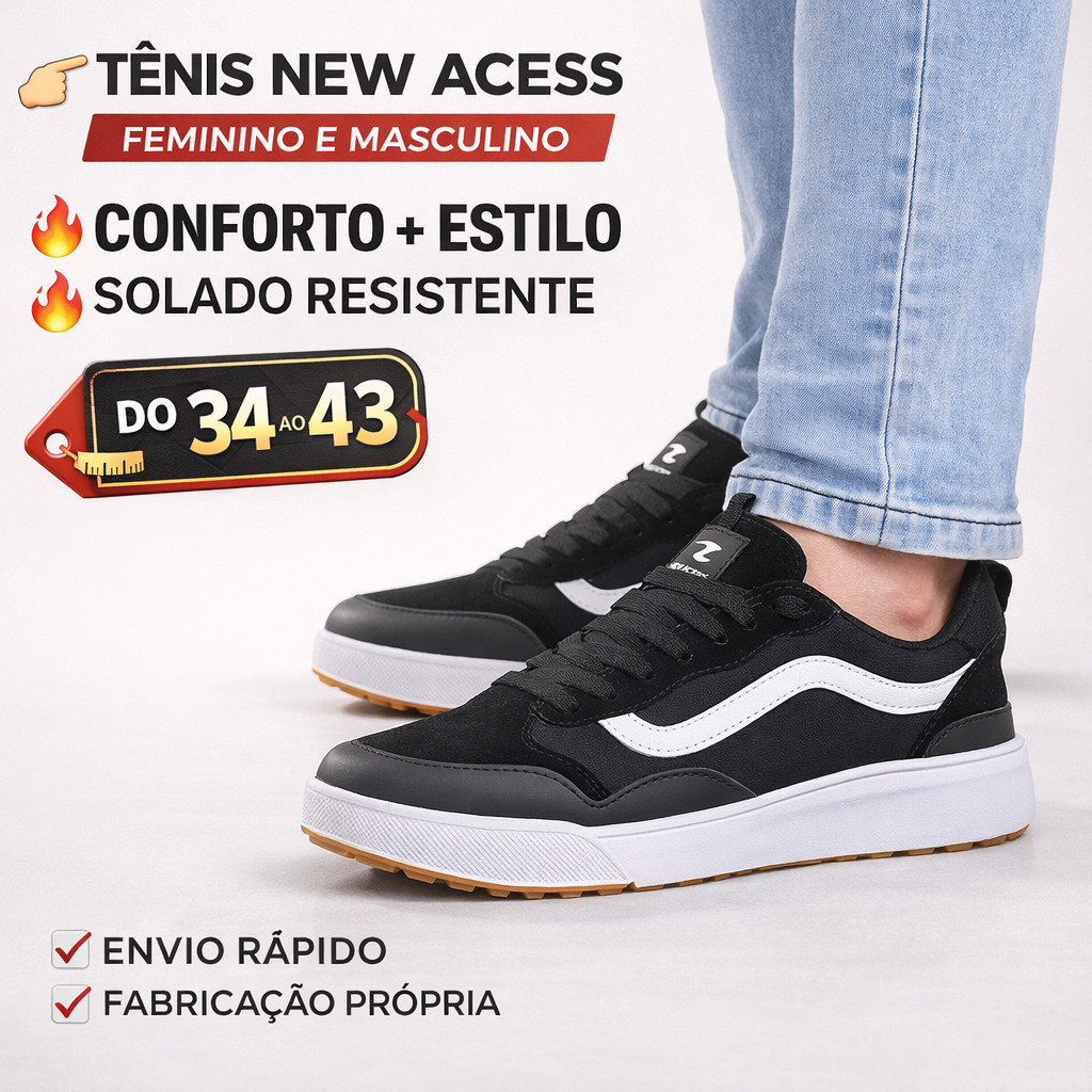 Tênis New Acess Casual Preto e Branco Feminino e Masculino Confortável e Estiloso Frete Grátis