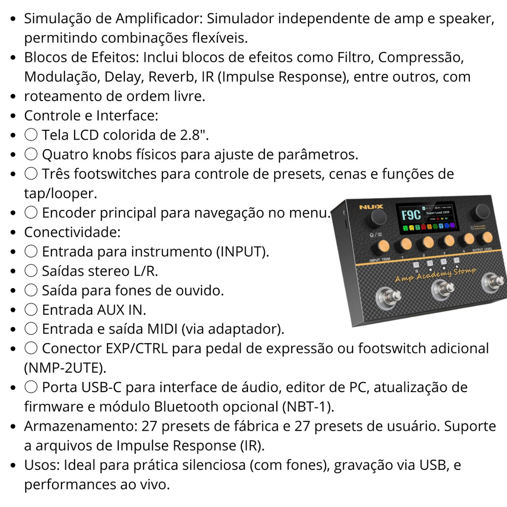 Pedaleira Nux Simulador de Amplificador Efeitos Amp Academy Stomp NMA3AAP
