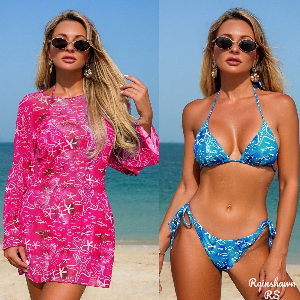 LS|3pçs Biquíni Sexy Maio Manga Longa Vestido Praia Maior de Praia Maio Natação Moda Praia Maio Feminino Praia Flores