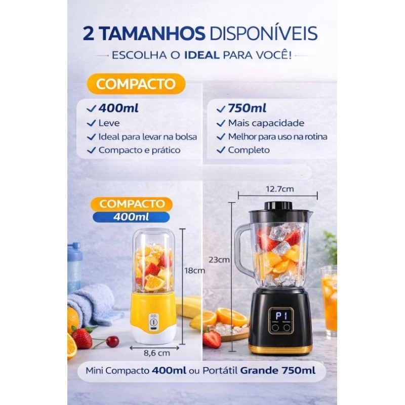 Mini Liquidificador Portátil USB Recarregável 400ml e 750ml Shake Suco Detox Fitness