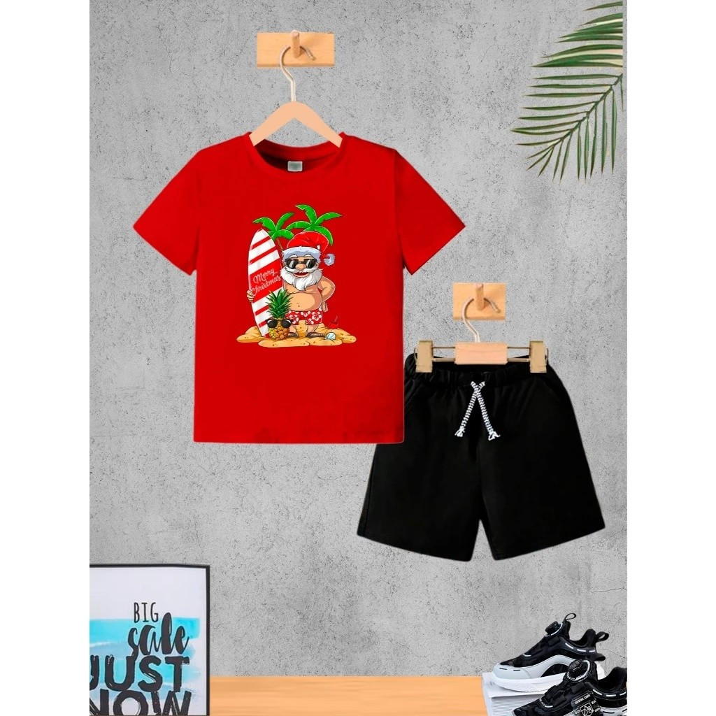 Camiseta + Short Conjunto Infantil Papai Noel Surfista Conjunto De Bermuda Juvenil Conjunto De Bermuda Juvenil