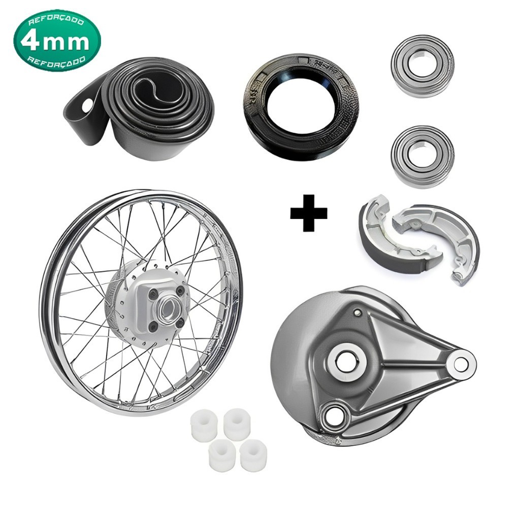 Roda Traseira Completa Cg Today Titan 125 83/99 Raio 4mm + Espelho Bucha Coroa Rolamentos Retentor