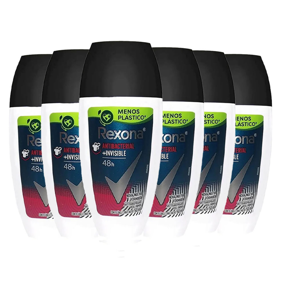 Kit Desodorante Roll On Rexona Men Antibacterial Invisible 50ml - 6 Unidades em Oferta na Shopee