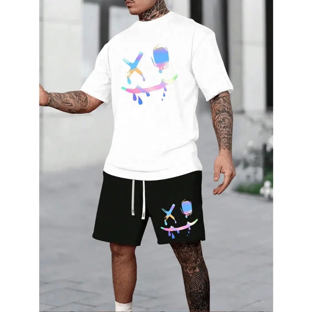 Conjunto Masculino Basico Camiseta + Short Tectel Estampa smile Azul