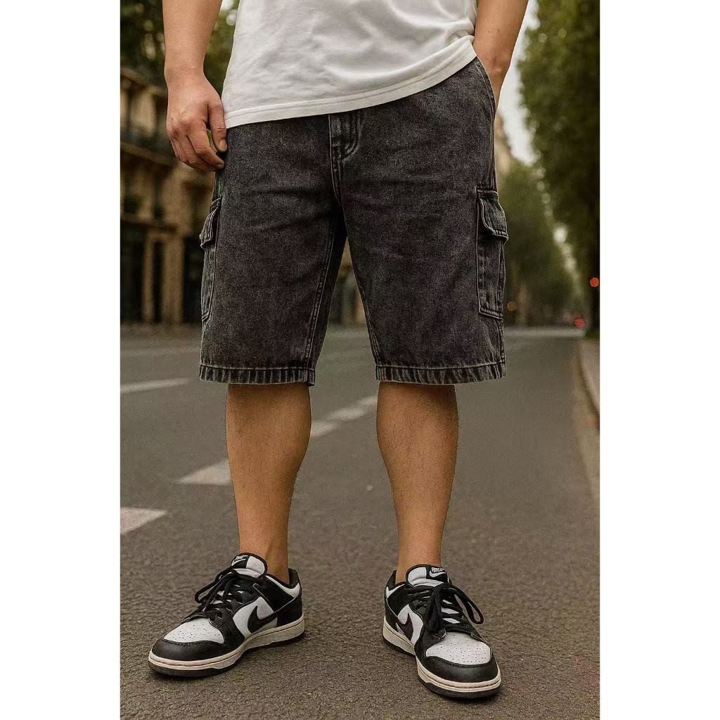 Bermuda Cargo Masculina Jeans Estonado Baagy Streetwear Solta Casual com Bolsos Grandes Cintura Codao P AO GG