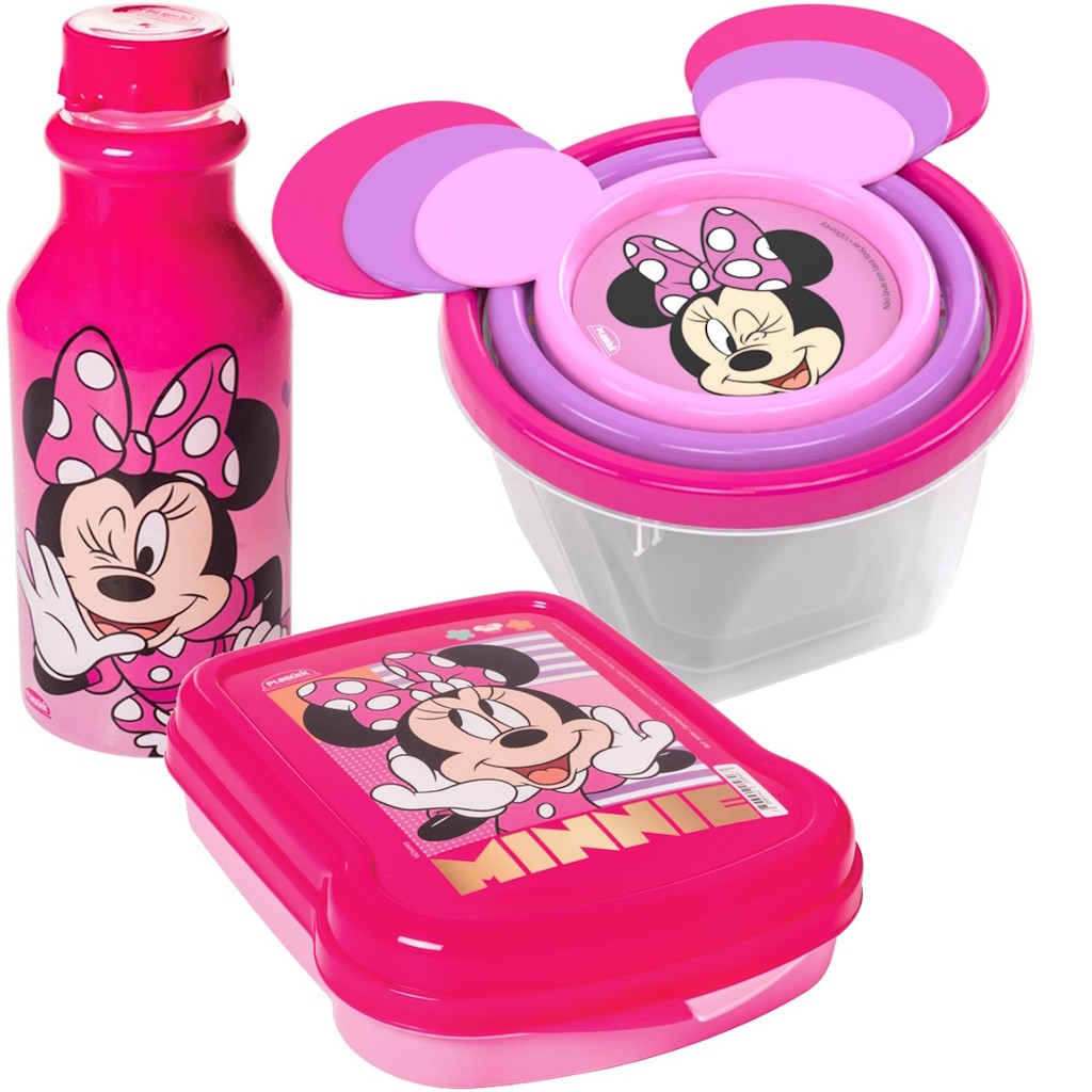 Kit Potes e Garrafa Infantil Minnie Rosa Lanche Escolar