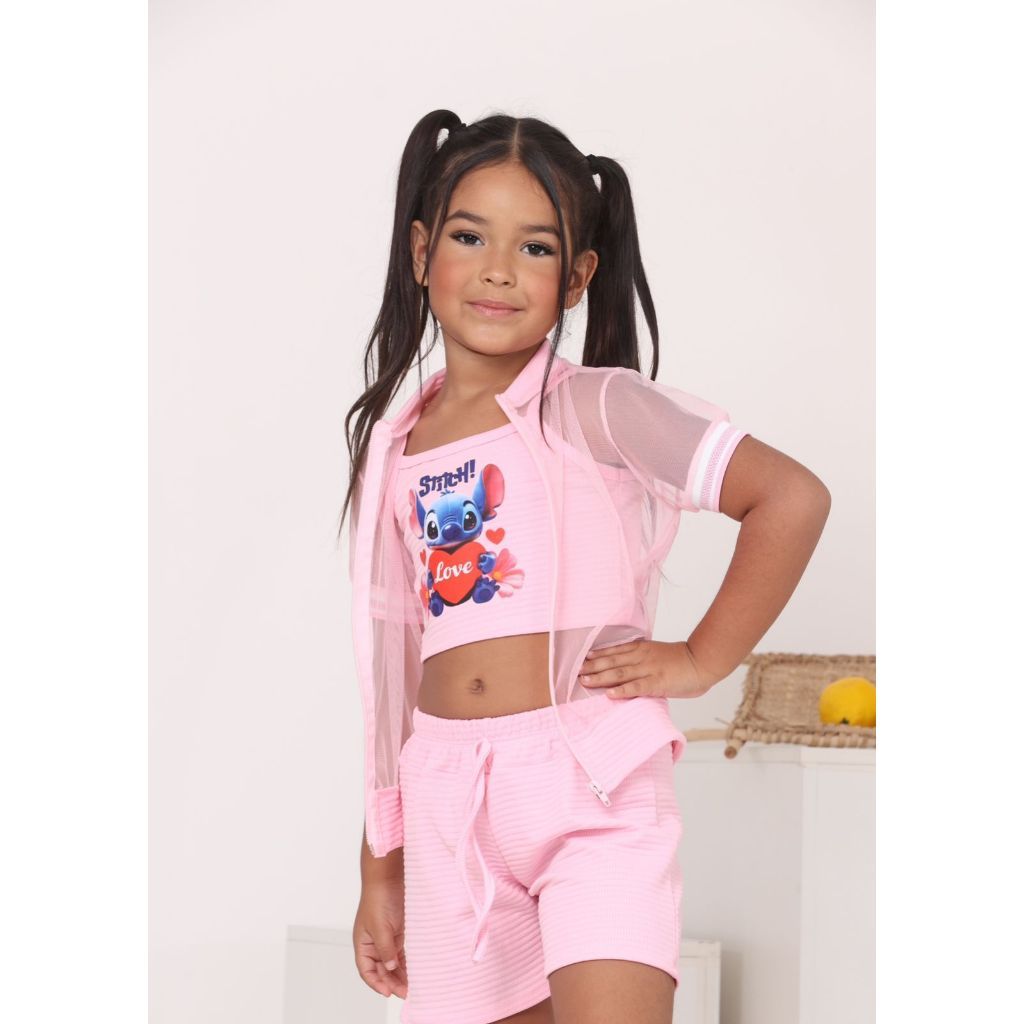 Conjunto Infantil Feminino Shorts + Cropped + Blusa com Zíper Rosa Look Completo Menina Fashion