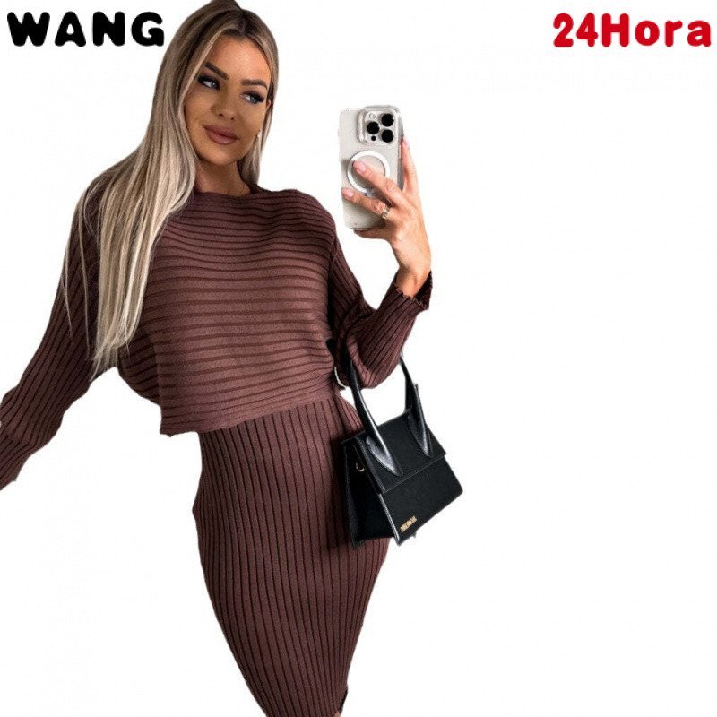   Conjunto de Duas Peças: Top de Manga Longa Canelado de Cor Sólida Feminina + Vestido Camisole Ajustado