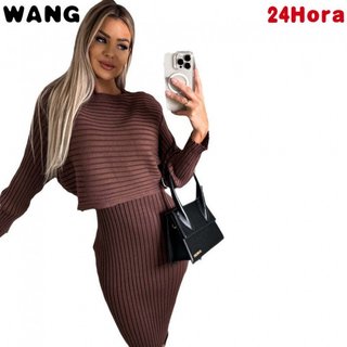   Conjunto de Duas Peças: Top de Manga Longa Canelado de Cor Sólida Feminina + Vestido Camisole Ajustado