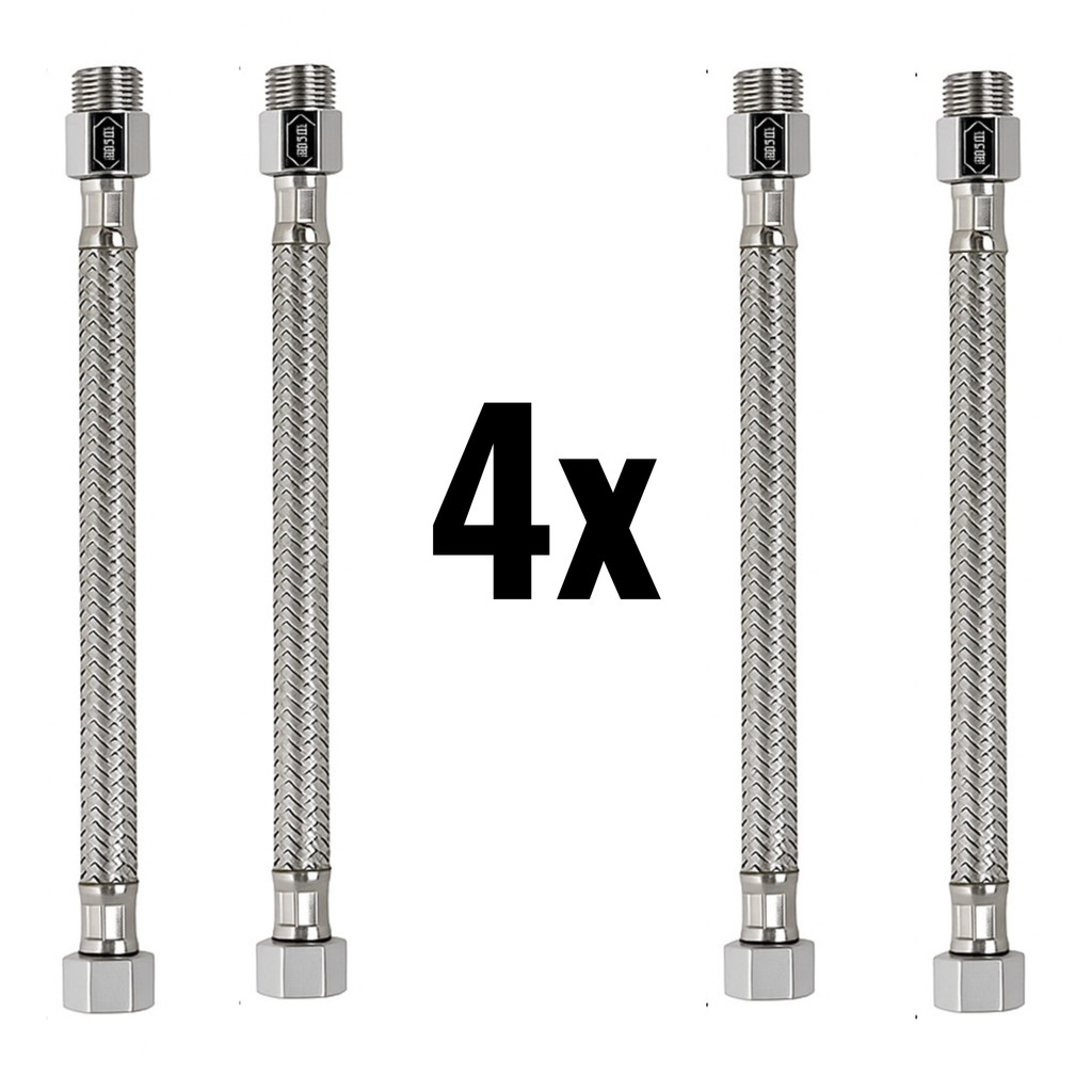 Kit 4 Engate Flexível Rabicho Aço Inox Macho Fêmea 60cm Aquecedor Boiler Caixa Acoplada Torneira 1/2
